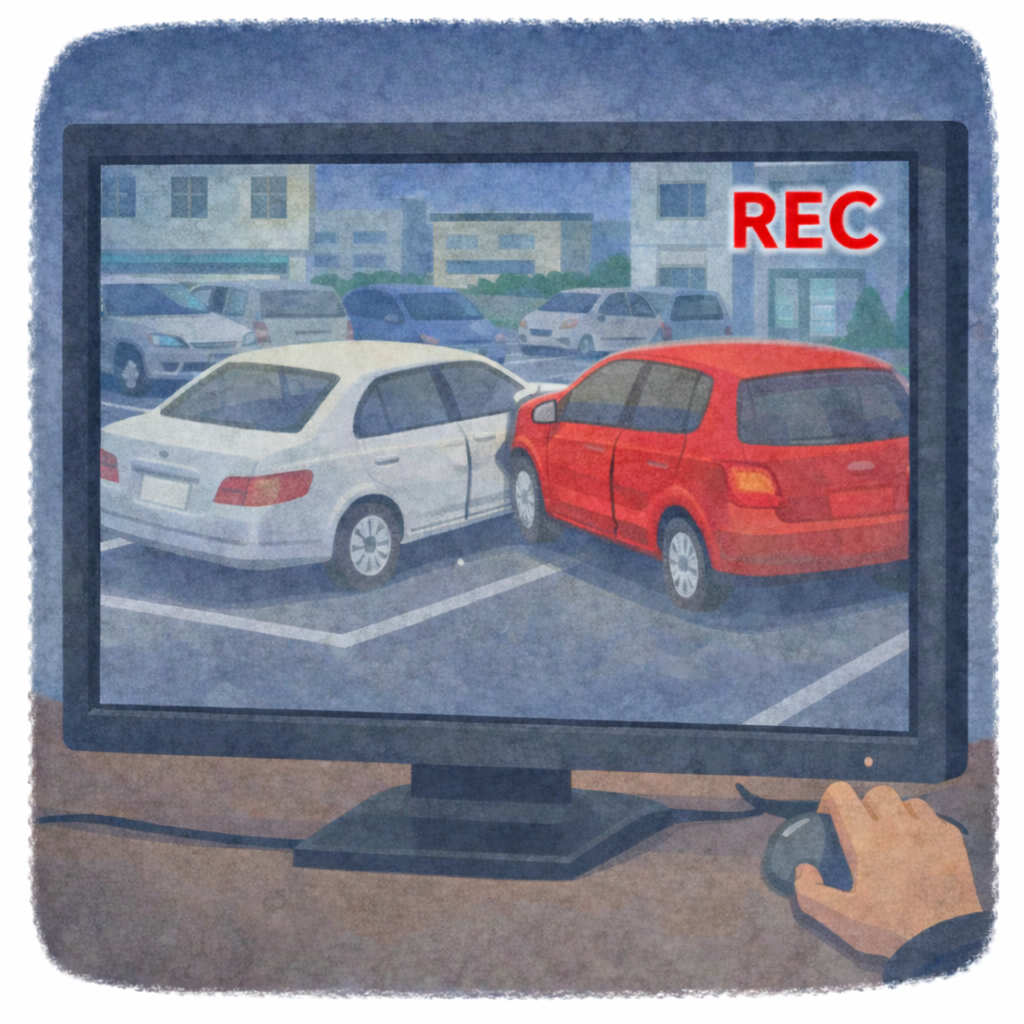 ディスプレイに駐車場の録画映像が表示されているイラスト