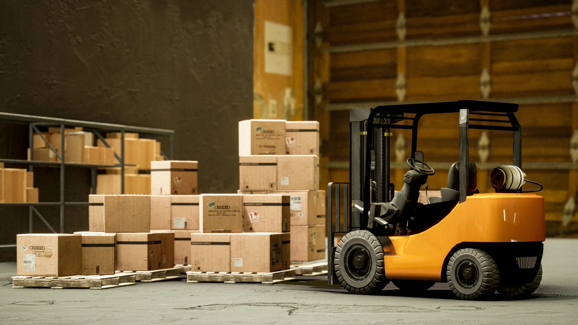 倉庫内の荷物とフォークリフトのイメージ
