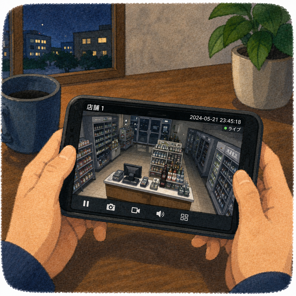 スマホで閉店後の店内を遠隔監視しているイラスト