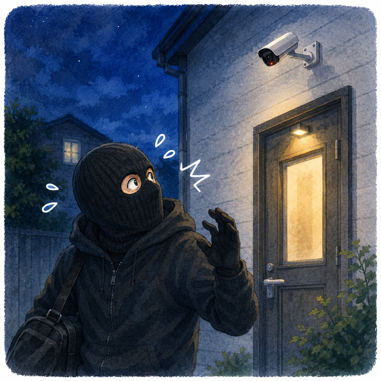 裏口に設置したバレットカメラに気づいた不審者が動揺しているイラスト